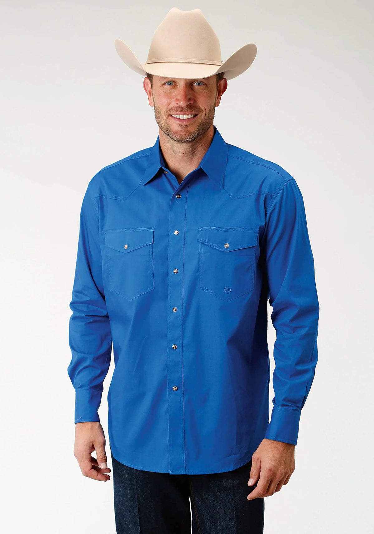 Roper Chemise western homme bleue unie à manches longues avec boutons-pression