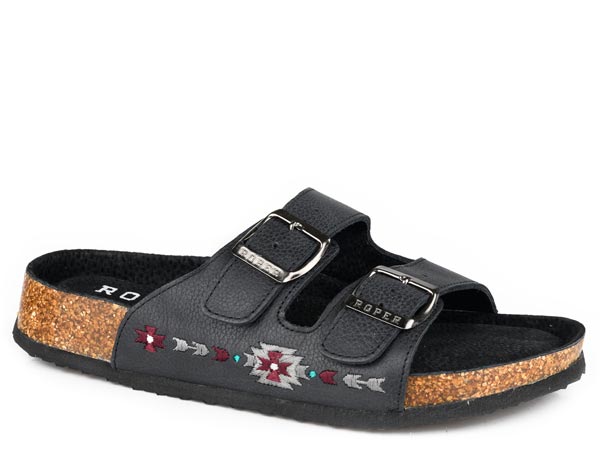 SANDALE POUR FEMMES CUIR NOIR AVEC COUTURE AZTÈQUE