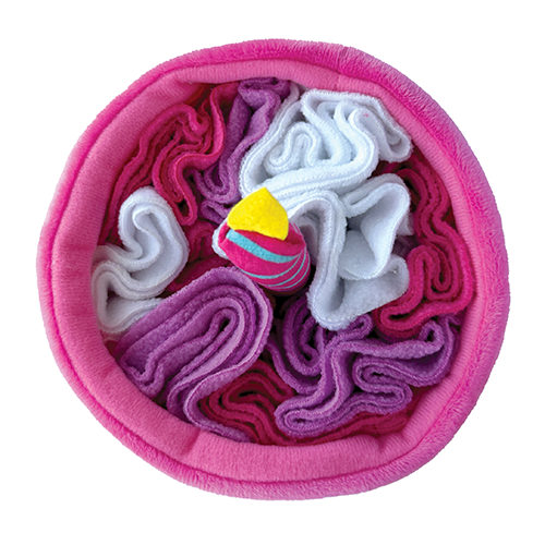 Jouet foufouBRANDS™ fouFIT™ Hide 'n Seek en forme de gâteau d'anniversaire à renifler – Rose, 13 cm, pour chien