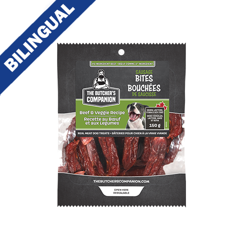THE BUTCHER'S COMPANION Bouchées de saucisse, Recette au boeuf et aux legumes, gâterie pour chien à la vraie viande 150-gm