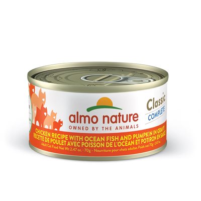 Almo Classic Complete Chat Poulet Avec Poisson De L'Océan Et potiron en sauce 70g