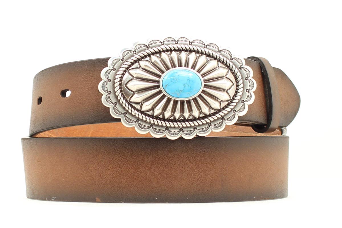 Ariat Ceinture mode pour femme – cuir brun avec boucle argentée et pierre turquoise