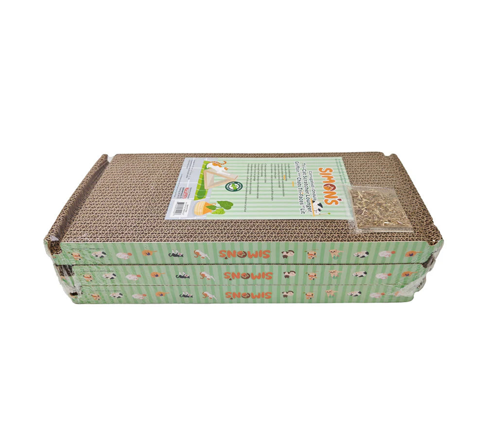 SIMONS – Griffoir et lounge triangulaire en carton ondulé avec herbe à chat