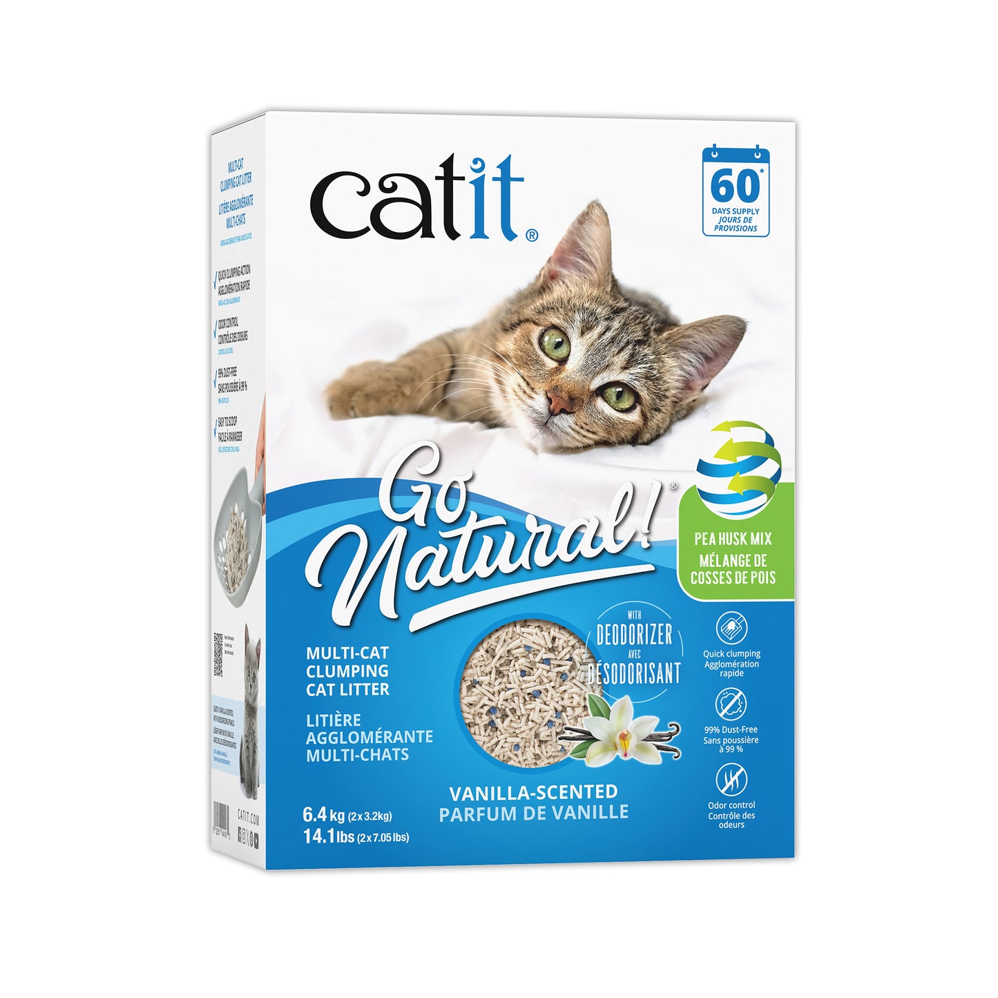 Catit Go Natural Litière agglomérante Multi-chats à base de cosses de pois, vanille, 6,4 kg