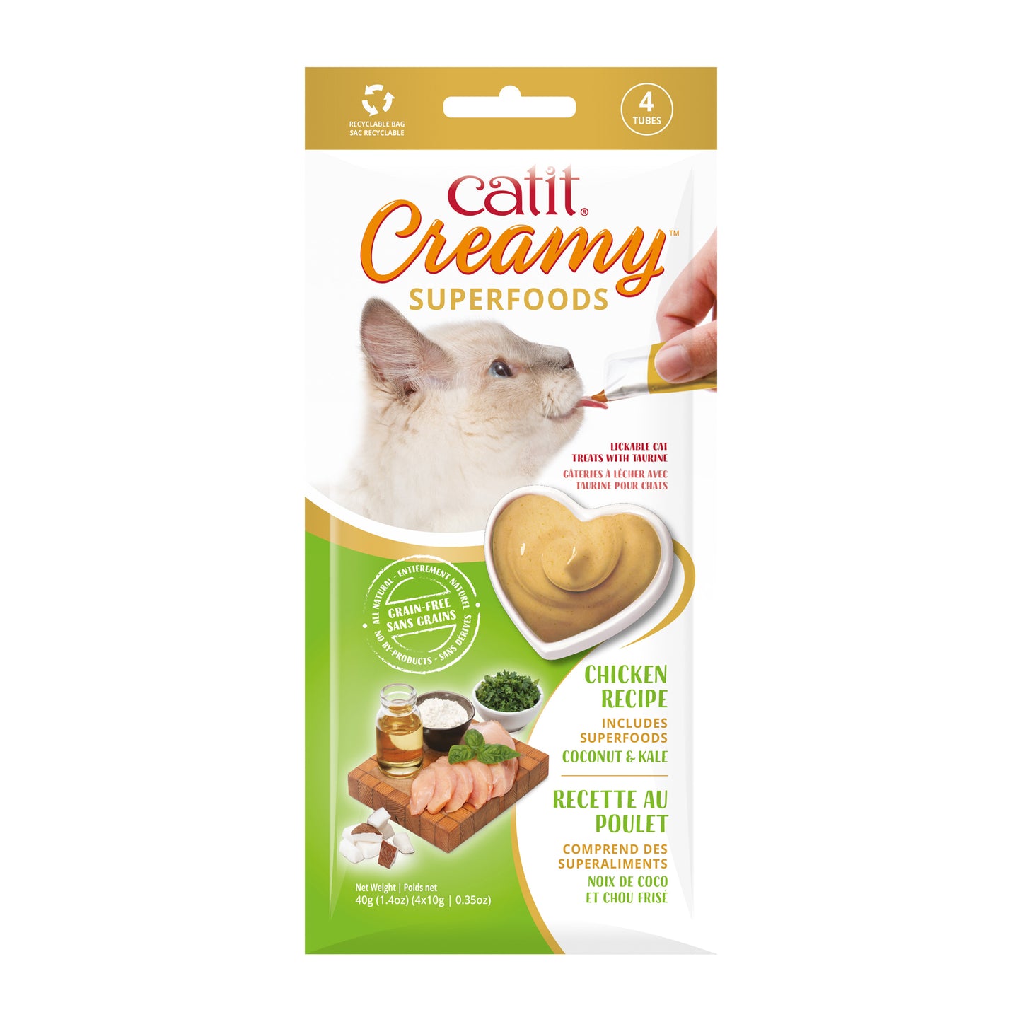 Catit Creamy Gâteries avec superaliments, Poulet, noix de coco et chou frisé, paquet de 4