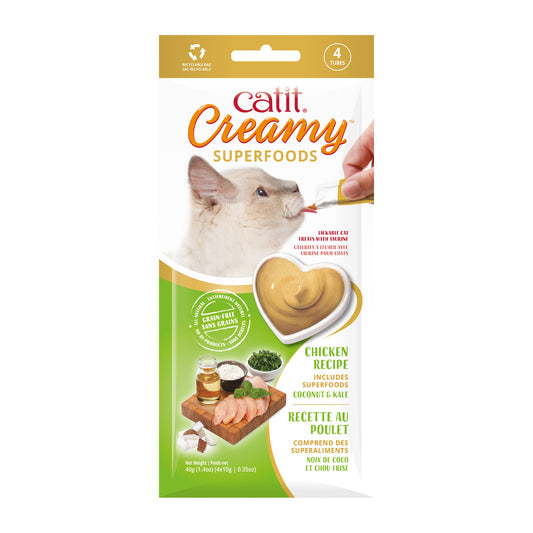 Catit Creamy Gâteries avec superaliments, Poulet, noix de coco et chou frisé, paquet de 4