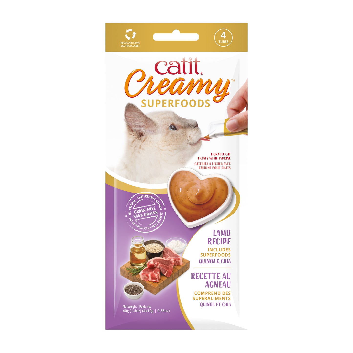 Catit Creamy Gâteries avec superaliments, Agneau, quinoa et chia, paquet de 4