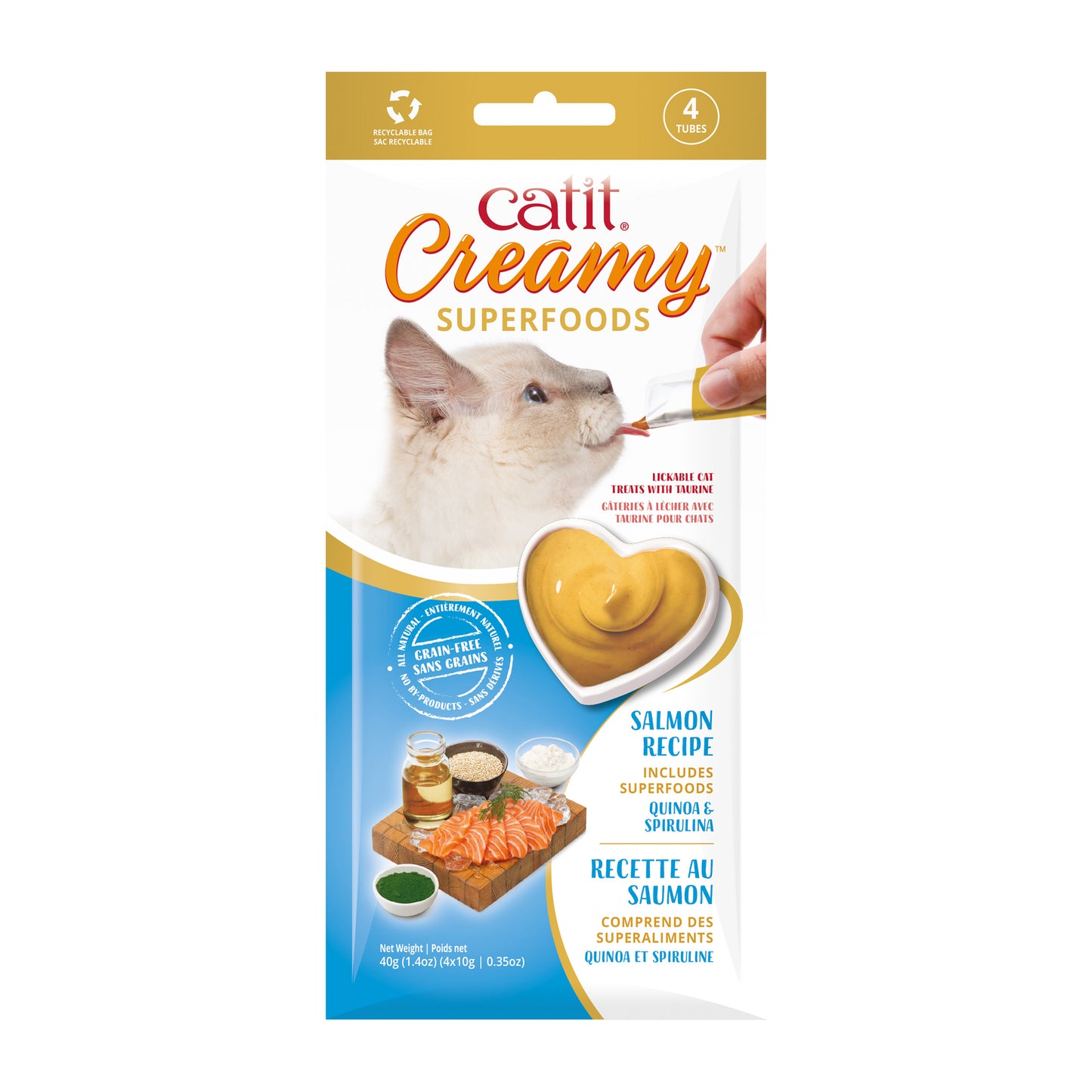 Catit Creamy Gâteries avec superaliments, Saumon, quinoa et spiruline, paquet de 4