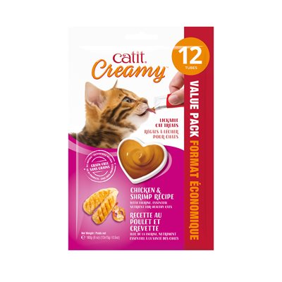 Catit Creamy Gâteries crémeuses à lécher, Poulet et crevette, paquet de 12