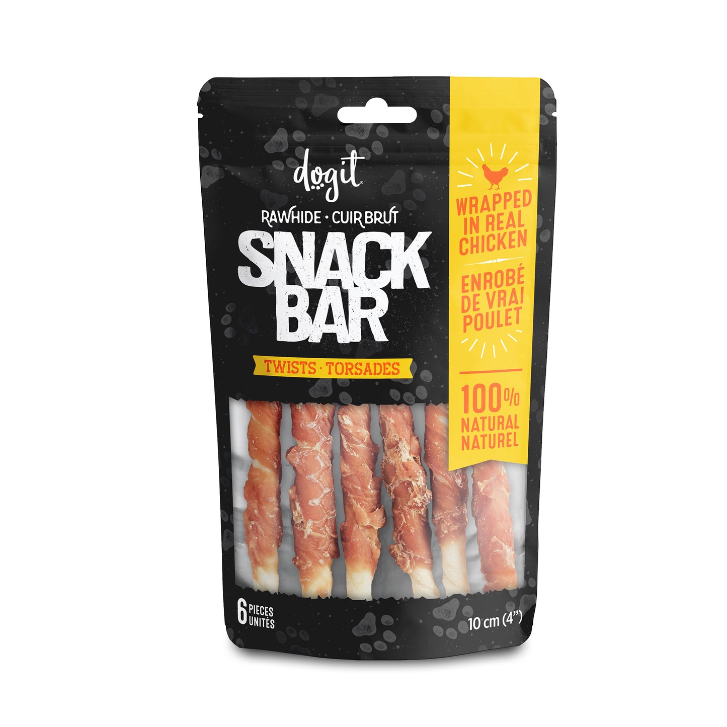 Torsades de cuir brut enrobés de poulet Snack Bar Dogit, 6 unités, 10 cm (4 po)