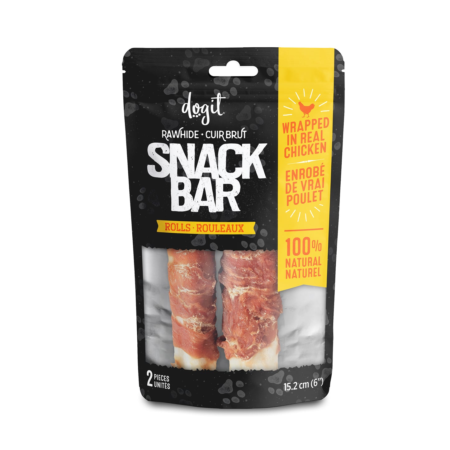 Rouleaux de cuir brut enrobés de poulet Snack Bar Dogit, 2 unités, 15,2 cm (6 po)