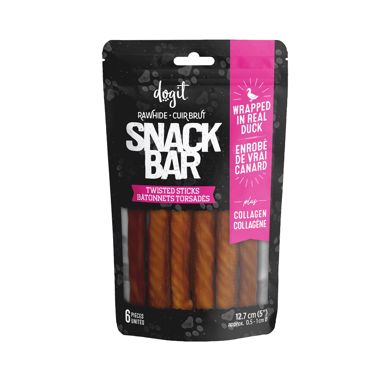 Gâteries Snack Bar Dogit, bâtonnets, peau de bœuf, collagène et canard, 12,7 cm, paq. de 6