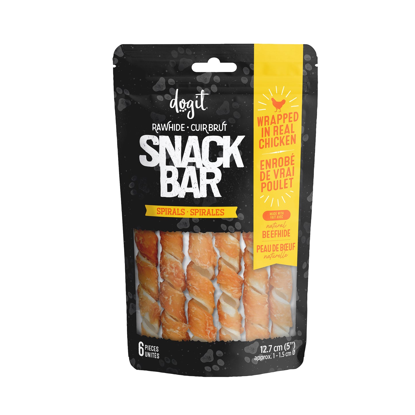 Gâteries Snack Bar Dogit, spirales de peau de bœuf enrobées de poulet, 12,7 cm, paquet de 6