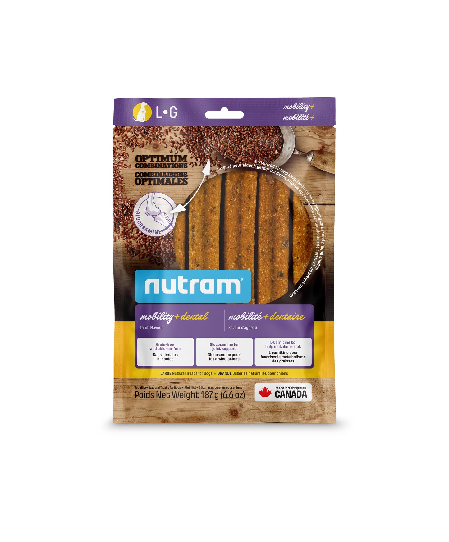 Nutram Combinaisons Optimales Mobilité+ Dentaire, Gâteries Pour Chien, Agneau, Grand 187g
