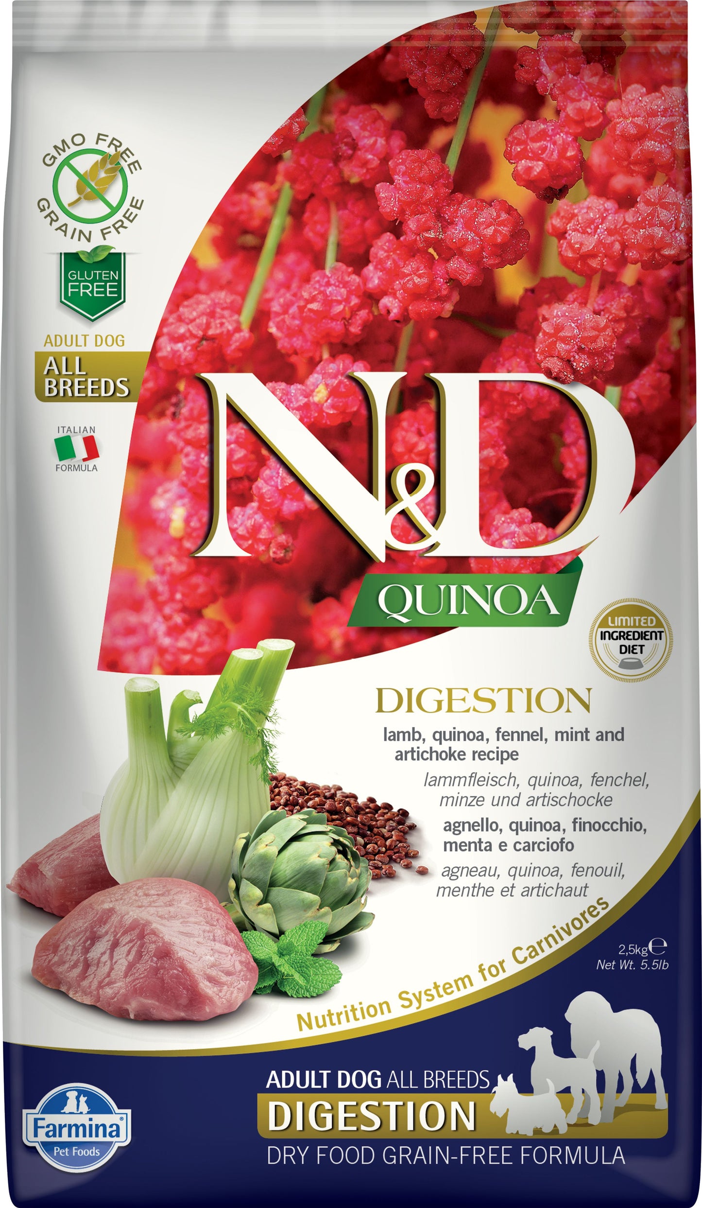 Farmina N&d Quinoa Sans Grains Chien Digestion Agneau Moyen/grand 5.5 Lb