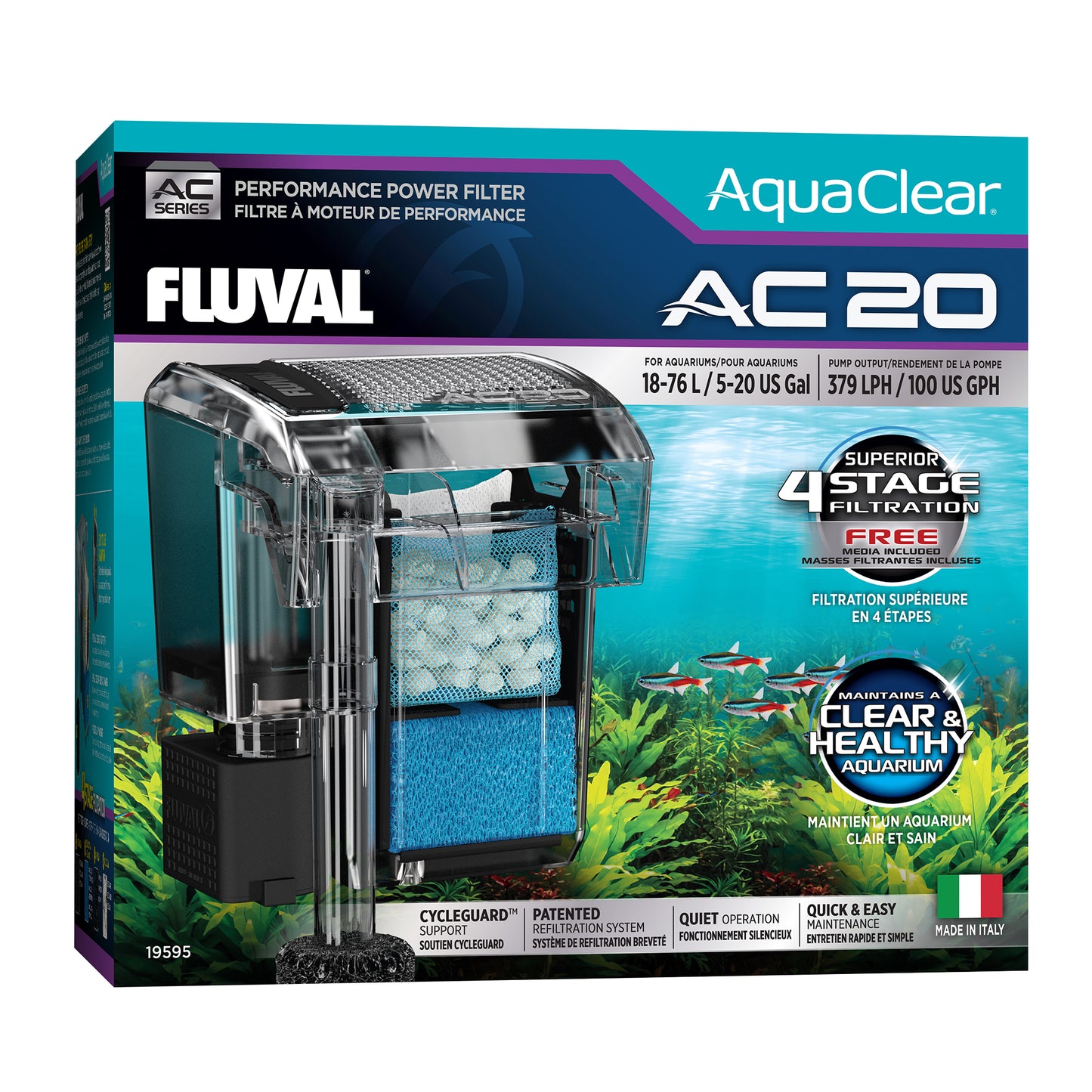 Filtre à moteur Aqualcear 20 Fluval, 18-76 L (5-20 gal)