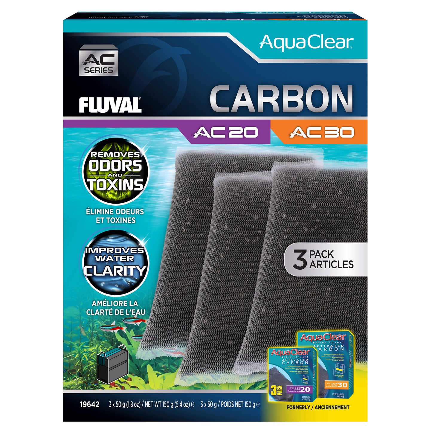 Charbon pour filtre à moteur AquaClear 20/30 Fluval, 150 g (5,4 oz), paquet de 3