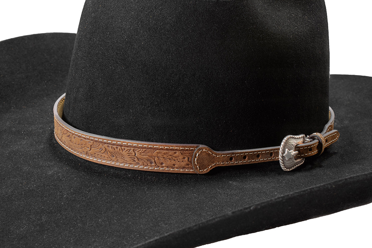 Bandeau de chapeau western Twister en cuir véritable – Motif floral embossé brun moyen
