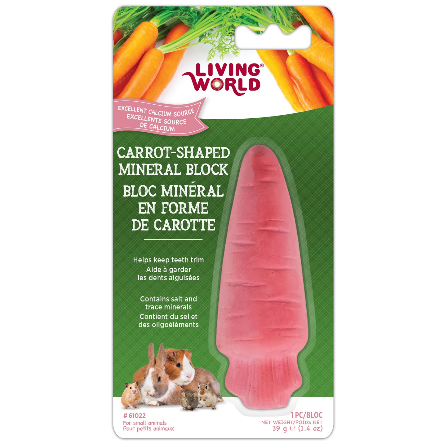 Bloc minéral Living World en forme de carotte pour petits animaux, 39 g (1,4 oz)