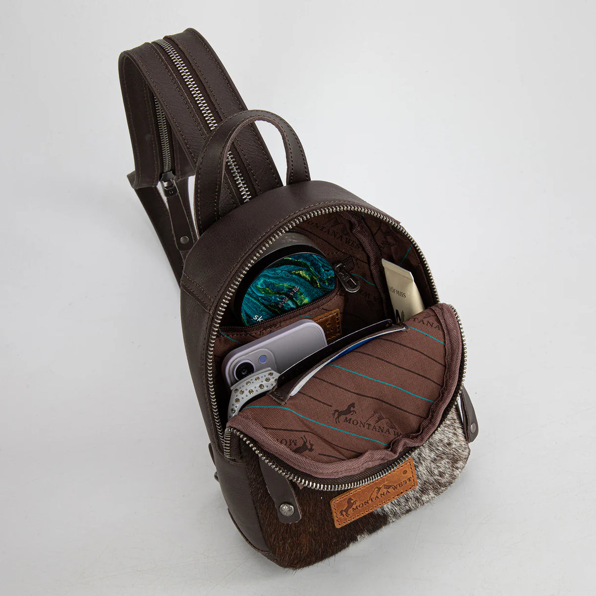 Sac à dos bandoulière convertible Montana West en cuir véritable avec poils - Noir
