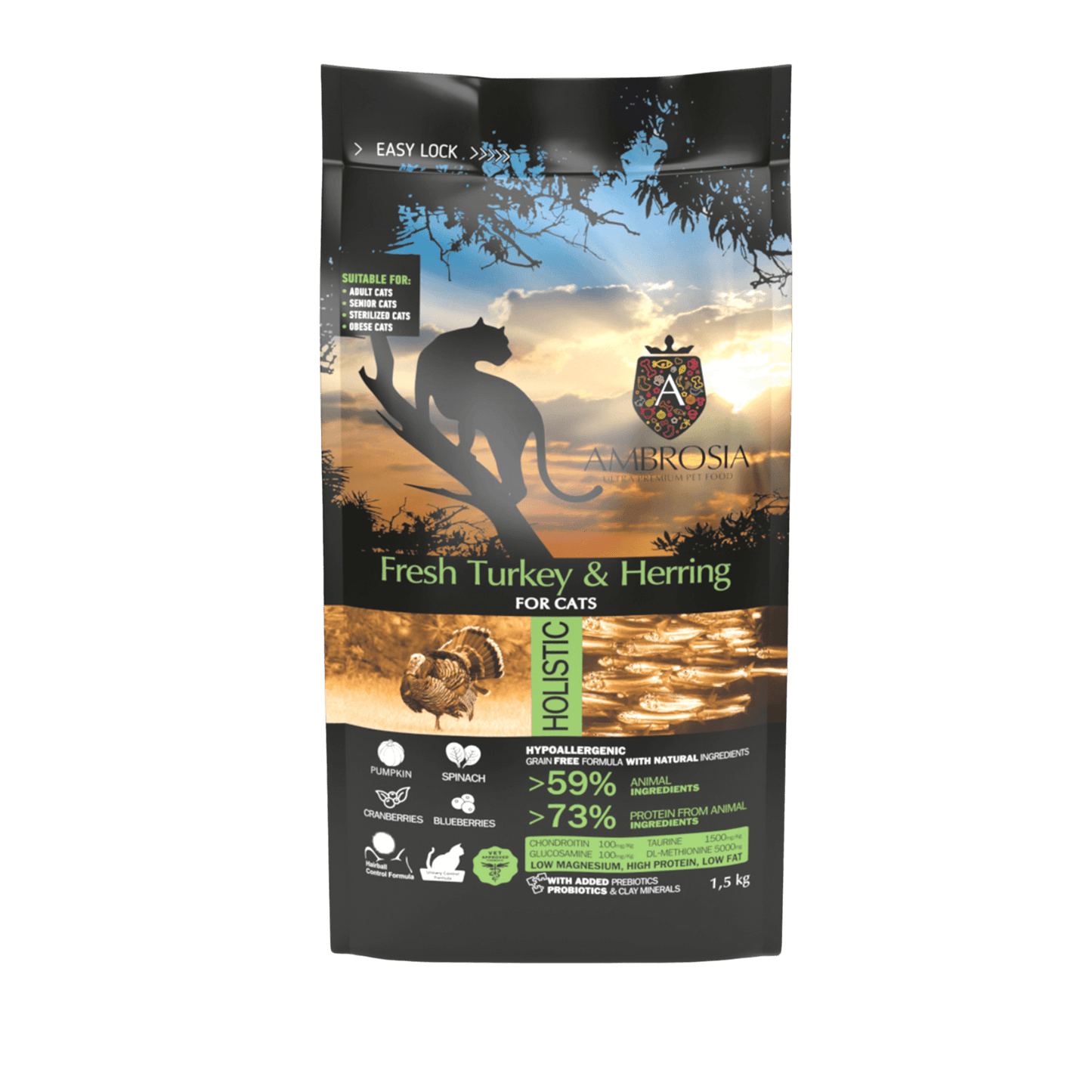 Ambrosia Nourriture sèche pour chat senior stérilisé, Dinde fraîche et hareng, 1,5Kg