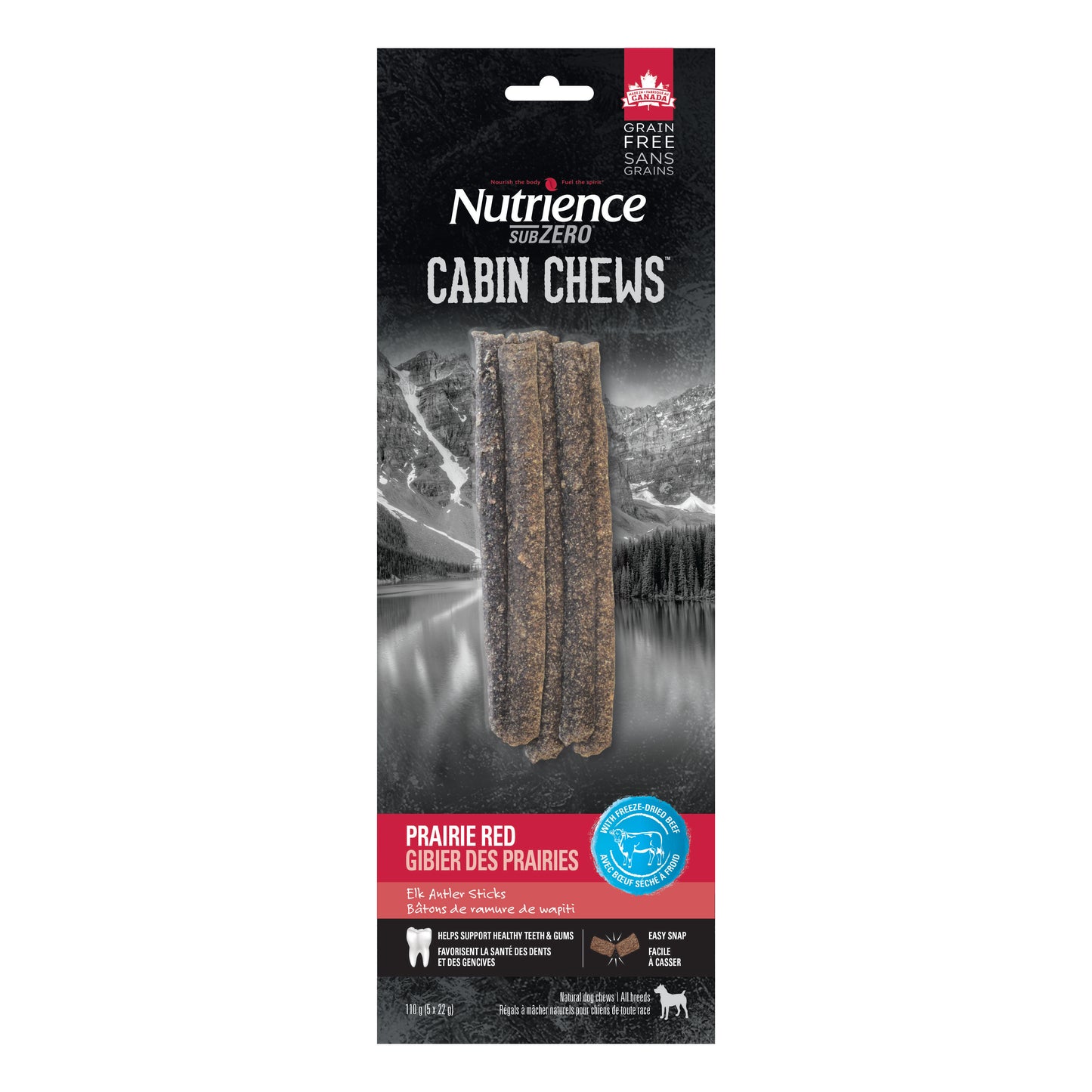 Bâtons de ramure Cabin Chews Nutrience Subzero, Gibier des Prairies, 110 g (3,9 oz), paquet de 5