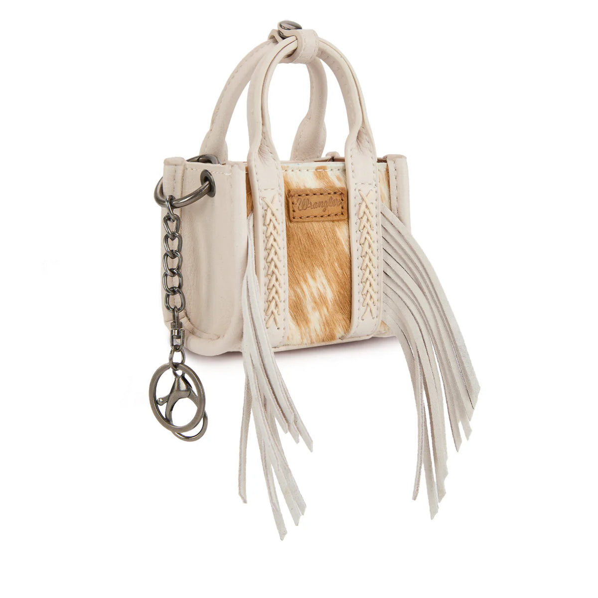 Sac fourre-tout/porte-clés Wrangler en cuir de vachette beige, mini modèle à franges