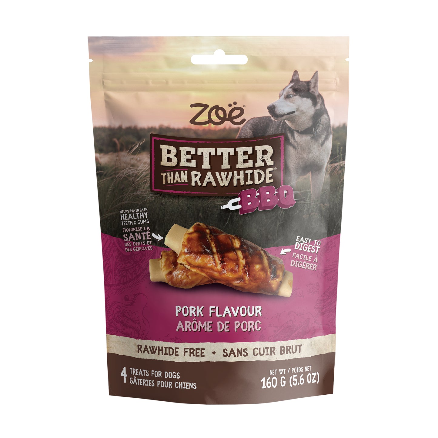 Gâteries Zoë Better Than Rawhide BBQ, arôme de porc, paquet de 4