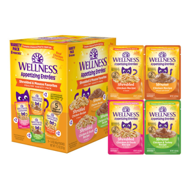 Wellness® Entrées Savoureuses™ – Assortiment Favoris Effilochés & Mousse, Volaille – Nourriture humide pour chat – 8 x 40 g
