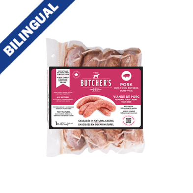 The Butcher's Pup™ – Saucisse de porc cuisson sous vide, repas surgelé pour chien, 1 lb