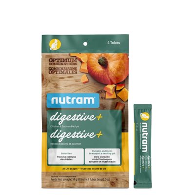 Nutram Combinaisons Optimales Digestive+ Chat Poulet & Saumon, Sans Grains paquet de 4 Tubes (2oz)