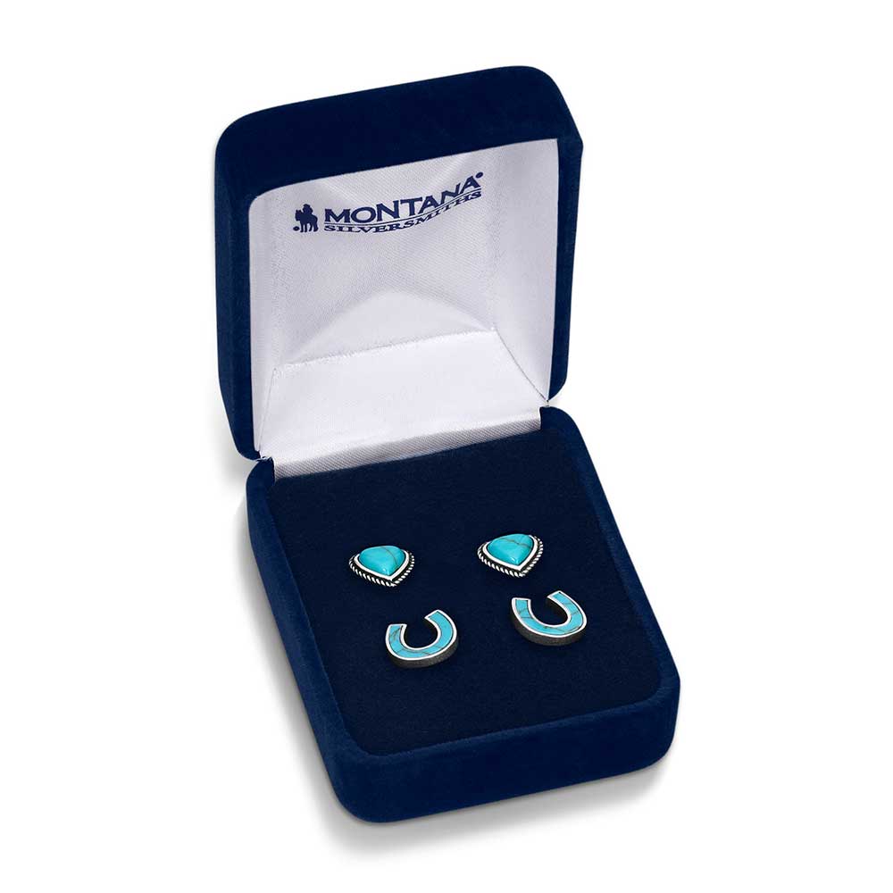 Montana Silversmiths Ensemble de boucles d’oreilles en forme de cœur et fer à cheval turquoise