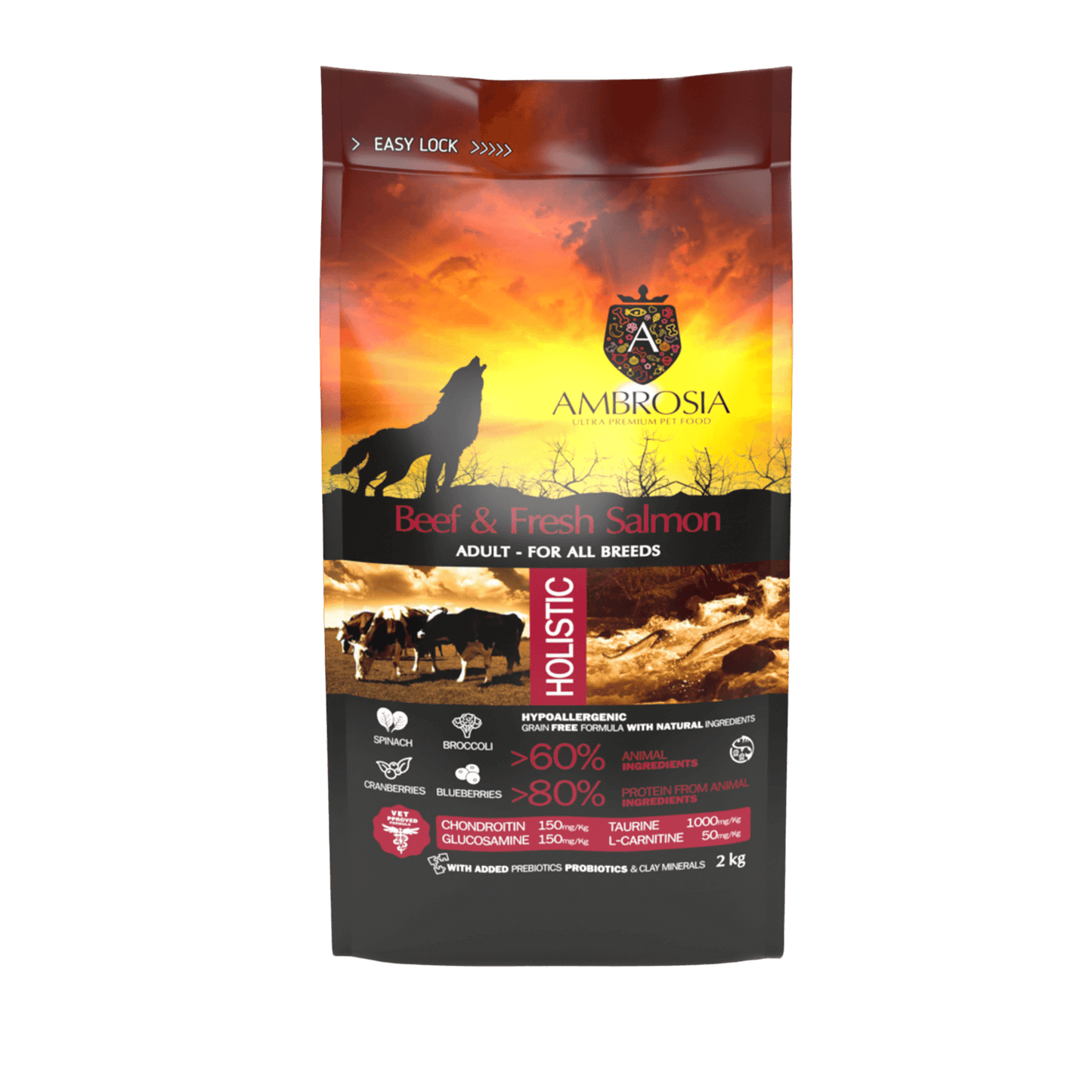 Ambrosia Nourriture sèche chien, Boeuf et saumon frais, Sans grains, 12Kg