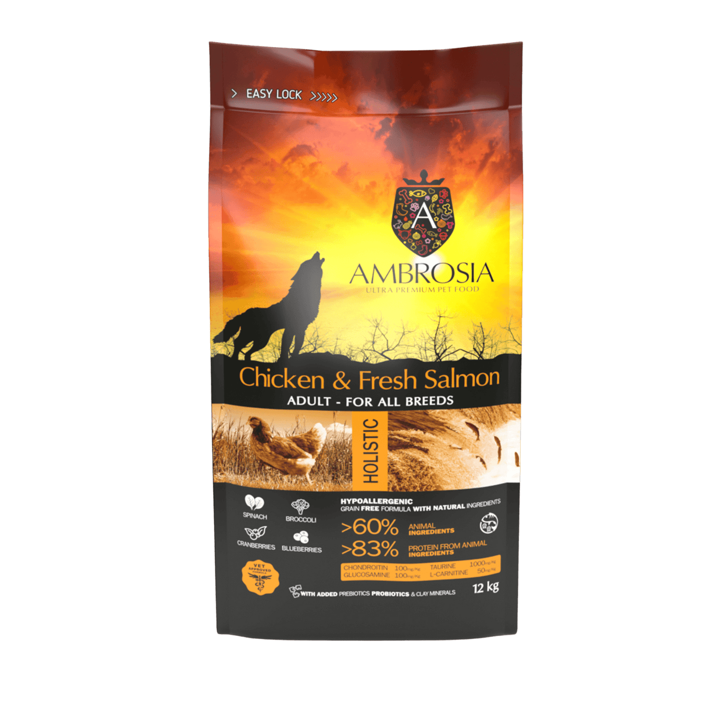 Ambrosia Nourriture sèche chien, Poulet et saumon frais, Sans grains, 12Kg