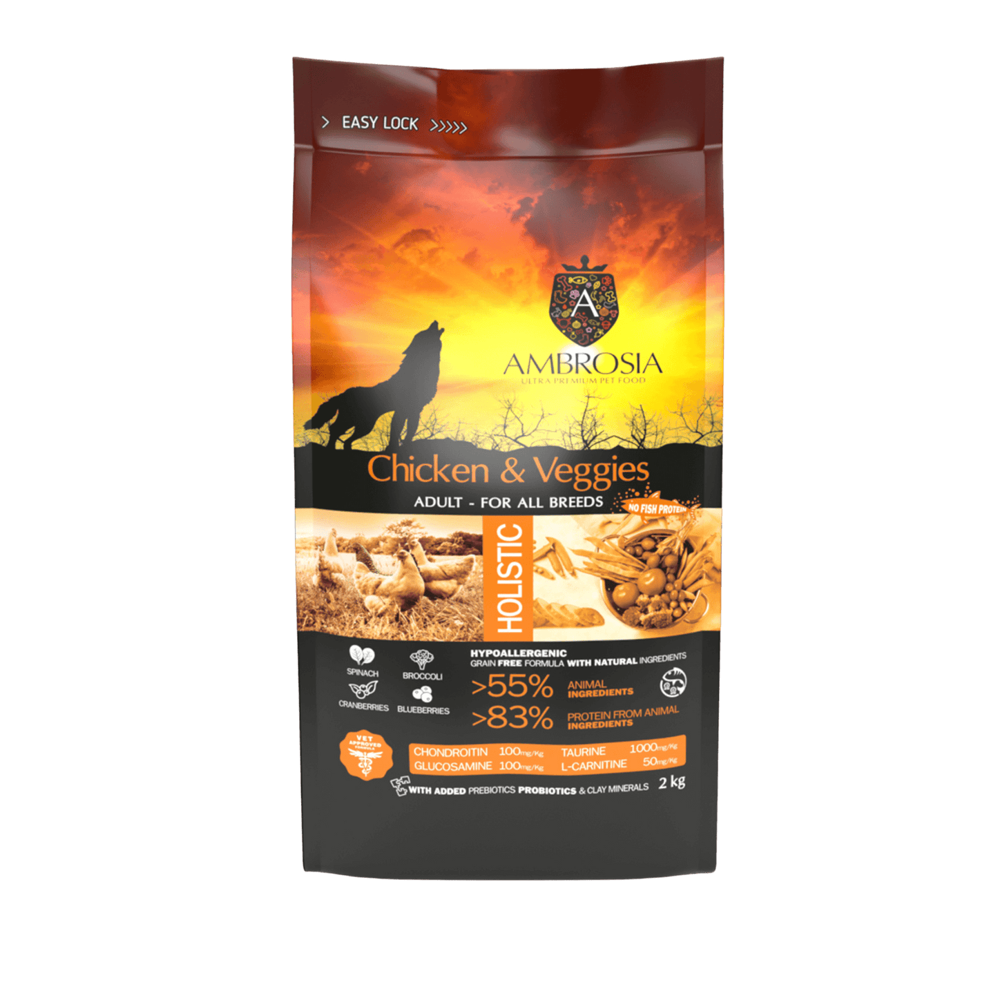 Ambrosia Nourriture sèche chien, Poulet et légumes, Sans grain, 12Kg
