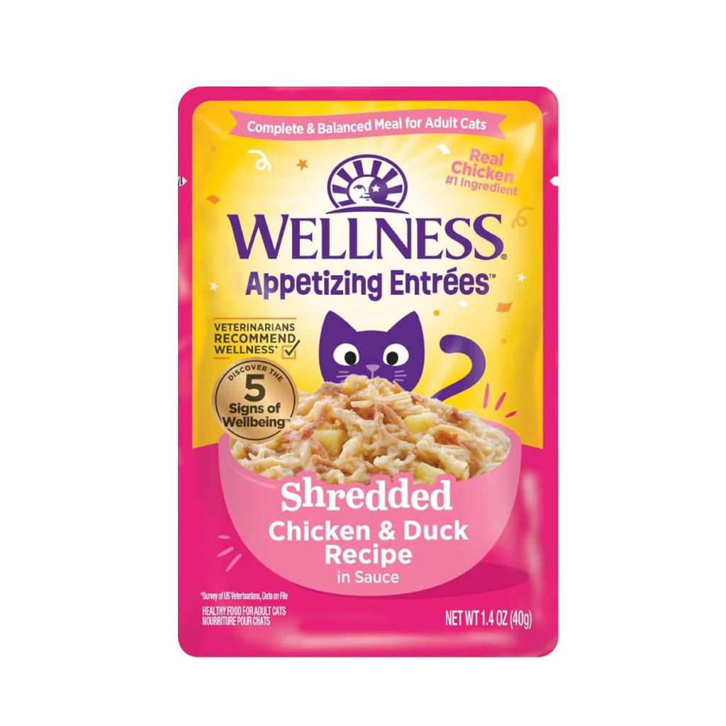 Wellness® Entrées Appétissantes™ – Recette de Poulet Effiloché et de Canard en Sauce pour Chat – Nourriture Humide – 1,4 oz