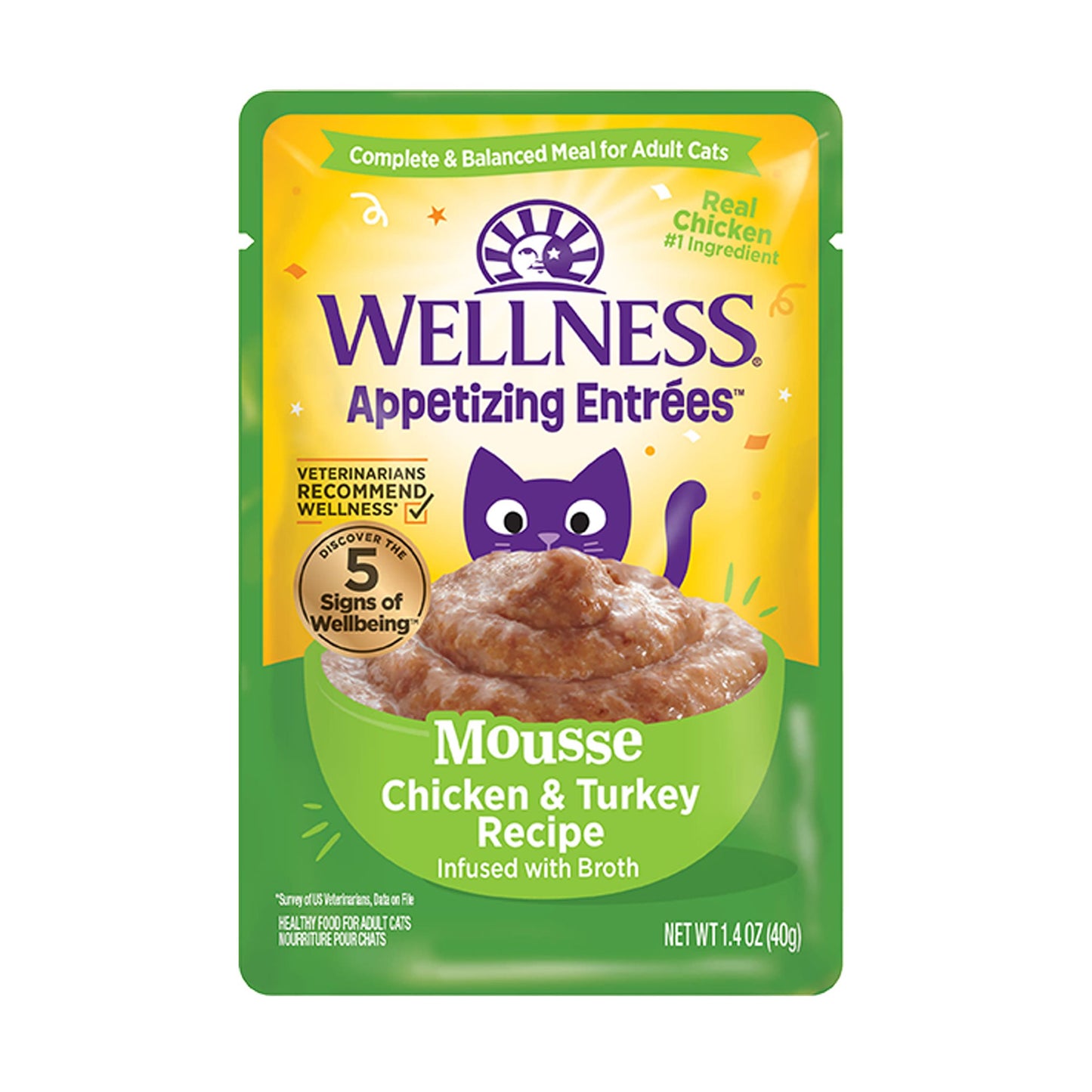 Wellness® Entrées Savoureuses™ – Recette Mousse Poulet & Dinde, infusée au bouillon – Nourriture humide pour chat – 40 g
