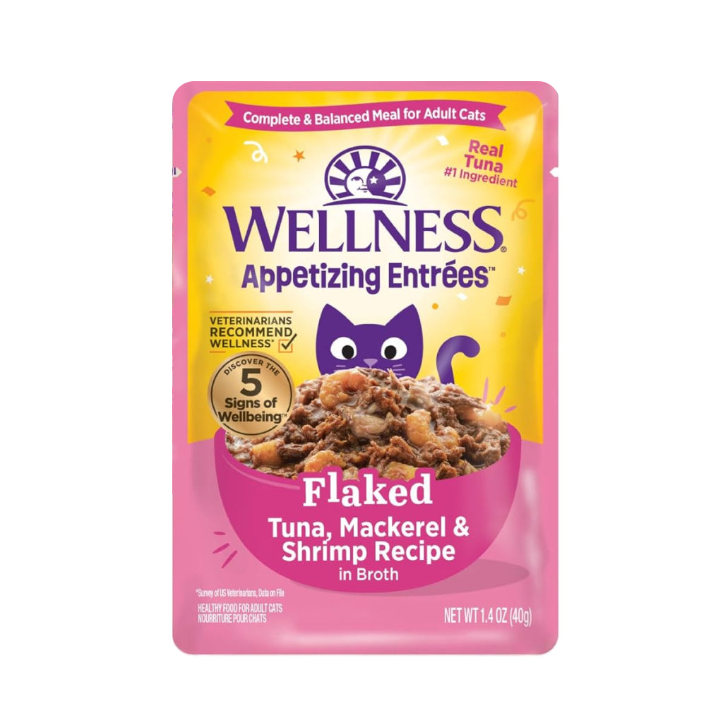 Wellness® Entrées Appétissantes™ – Recette de Thon Émietté, Maquereau & Crevettes en Bouillon pour Chat – Nourriture Humide – 1,4 oz
