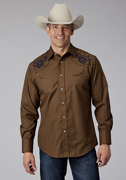 Roper Chemise western homme manches longues – Broadcloth uni avec passepoil et broderies