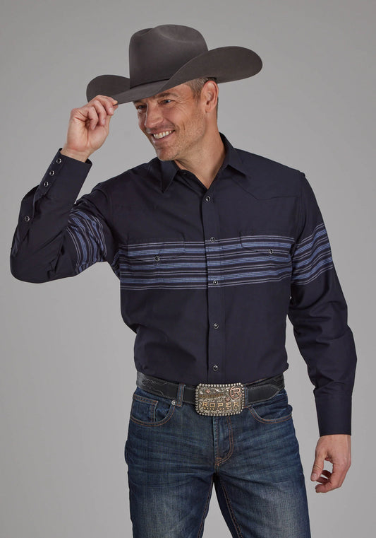 Roper Chemise western homme à rayures noires et bleues à manches longues avec boutons-pression