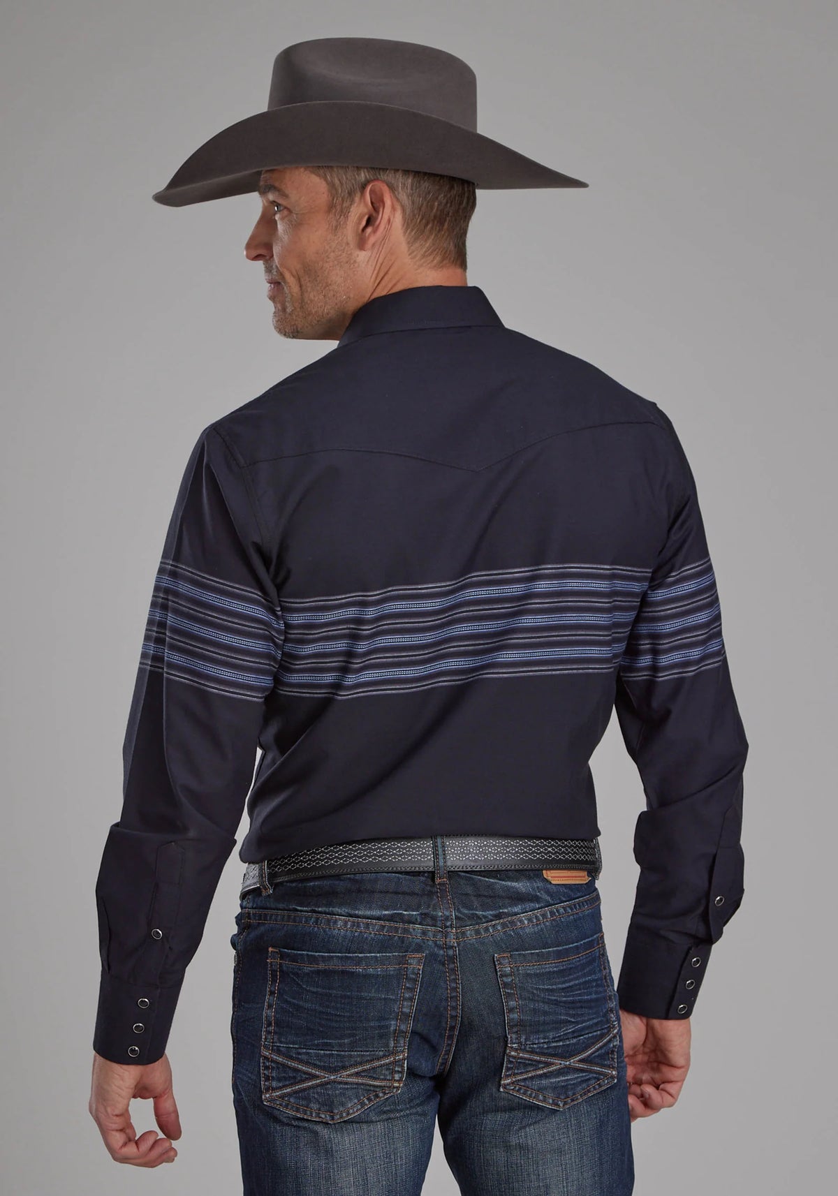 Roper Chemise western homme à rayures noires et bleues à manches longues avec boutons-pression