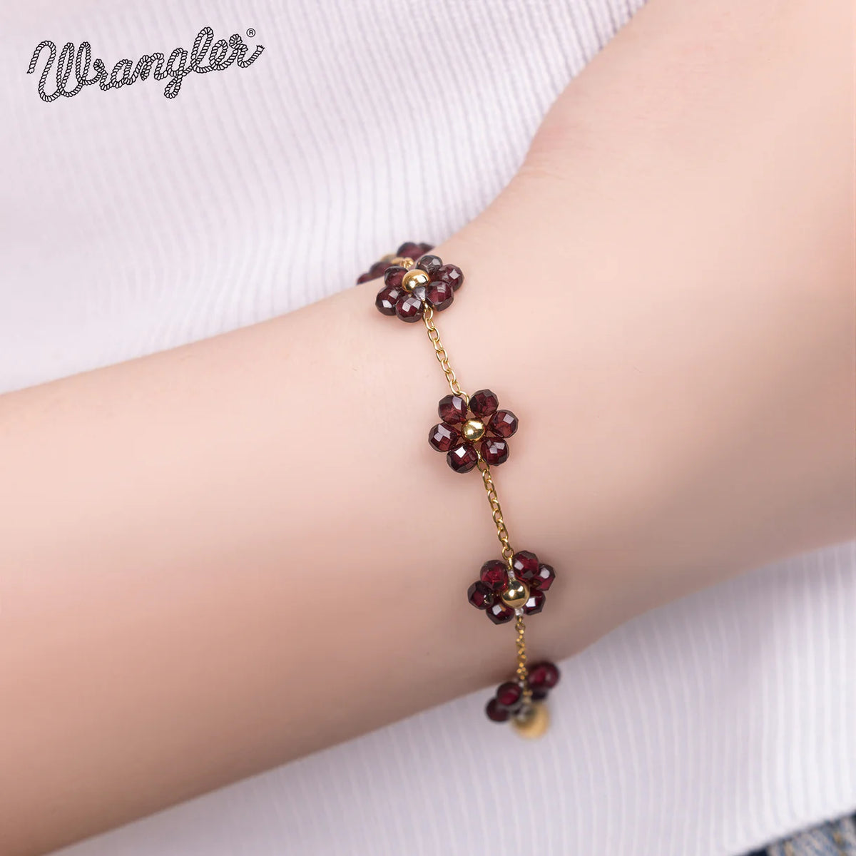Bracelet Wrangler en or 14 carats, maillons marguerite et pierres naturelles - Bordeaux