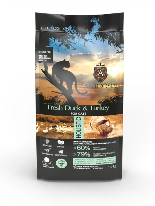Ambrosia Nourriture sèche pour chat senior stérilisé, Canard frais et dinde 1.5Kg