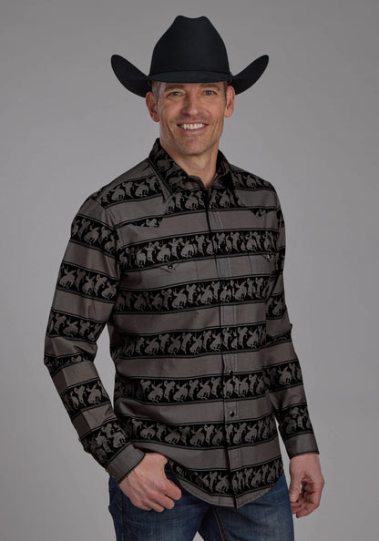 Roper Chemise western homme à rayures horizontales style rodeo à manches longues avec boutons-pression