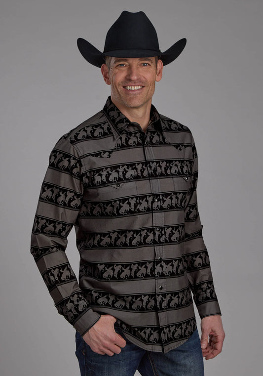 Roper Chemise western homme à rayures horizontales style rodeo à manches longues avec boutons-pression
