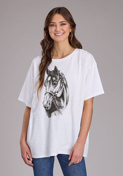 Tin Haul T-shirt manches courtes pour femmes – 2449 White Cotton Slub Jersey  Tricot imprimé avec motifs fantaisie, appliqués et broderies  Manches courtes (S/S)  Jersey coton à fil flammé (Slub Cotton Jersey)