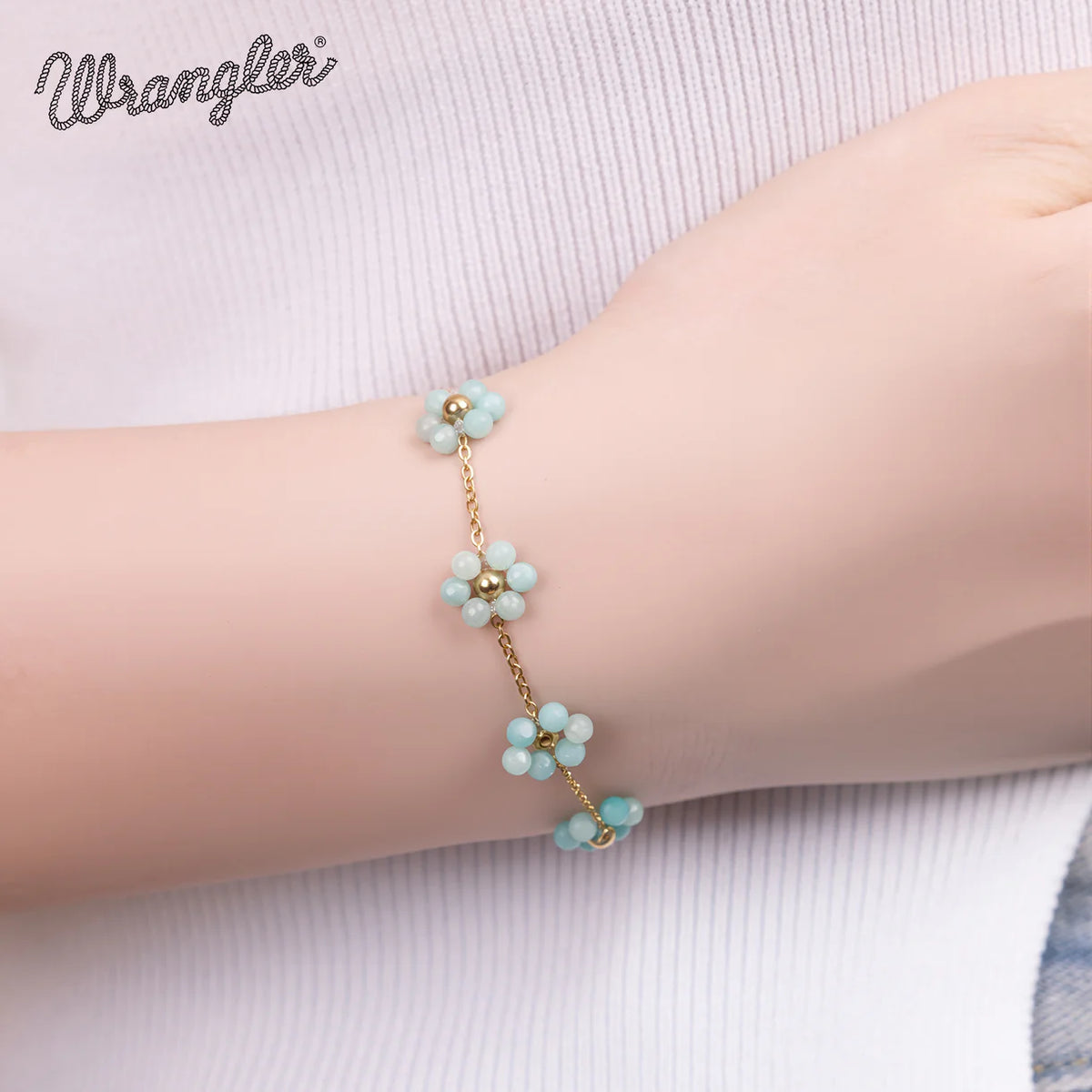 Bracelet Wrangler en or 14 carats maillons marguerite et pierres naturelles  - Vert