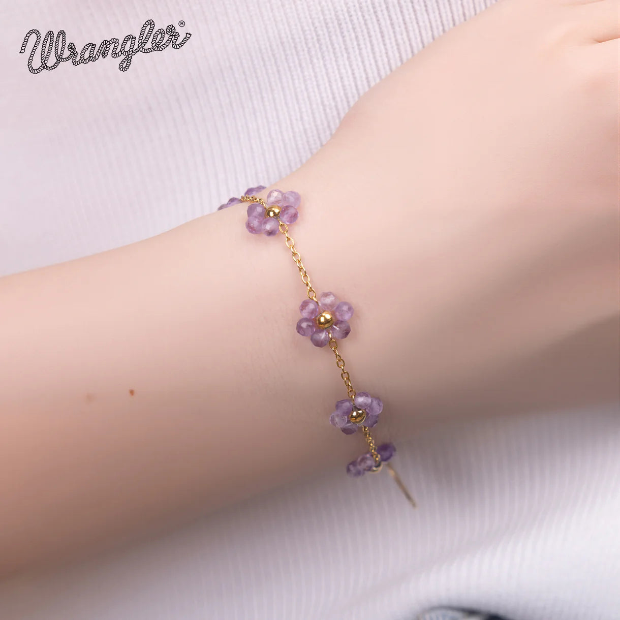 Bracelet Wrangler en or 14 carats maillons marguerite et pierres naturelles- Violet
