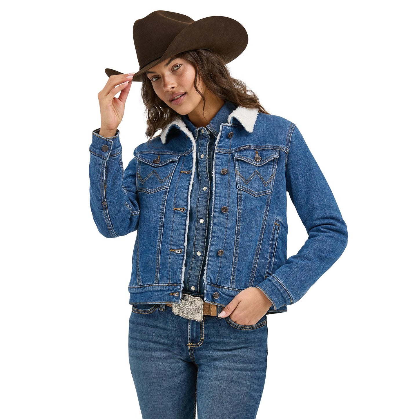 Wrangler Veste en Denim Doublée Sherpa pour Femme