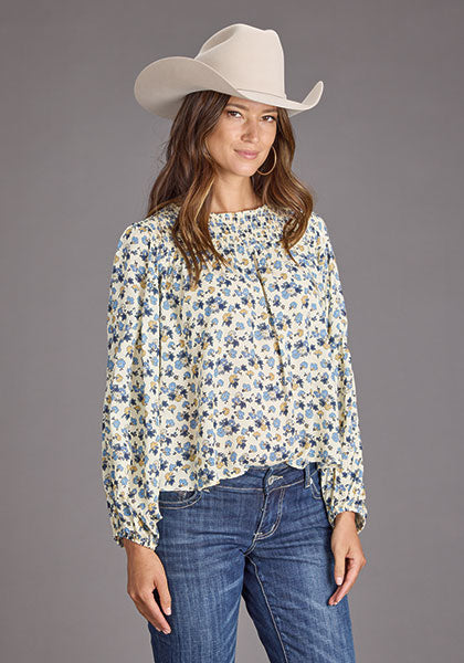Stetson Blouse paysanne femme « Field Flowers » – Bleu
